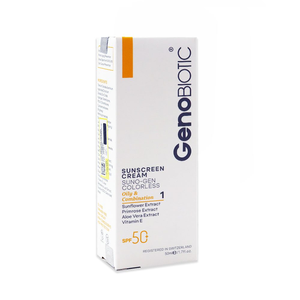 کرم ضد آفتاب پوست چرب ژنوبایوتیک سانوژن بی رنگ SPF50 حجم 50 میل